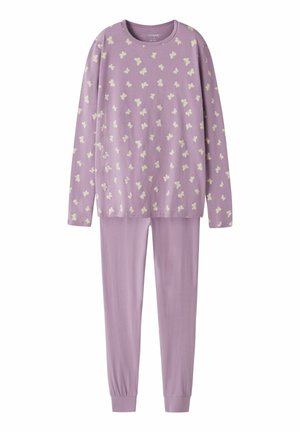 Lilla langærmet top med hvidt sommerfugleprint og matchende ensfarvede lilla tætsiddende bukser, blødt stof pyjamassæt.