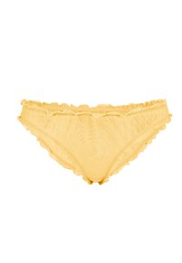 Sous-vêtement féminin style bikini en dentelle jaune avec bords froncés sur fond blanc.
