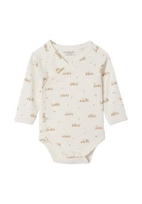 Langarm-Bodysuit aus Baumwolle mit einem off-white Hintergrund, der ein hellbraunes Traktor-Muster aufweist, und Druckknopfverschluss am Boden.