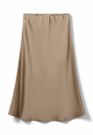 Beige, knælang satin nederdel med let flæse, glat tekstur og enkelt forplisseringsdetalje foran ved linningen.