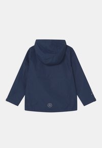 Navy waterproof jacket with a hood and long sleeves. Features a logo at the back hem and sleek, smooth texture. No front pockets.