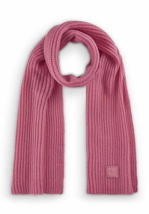 Roze gebreide sjaal met ribbelstructuur, met een logo-patch aan het ene uiteinde. De stof lijkt zacht en flexibel, ideaal voor warmte.