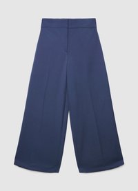 Pantalon à jambe large bleu marine en tissu lisse. Doté d'une taille haute et d'une coupe droite avec une finition nette à l'ourlet.