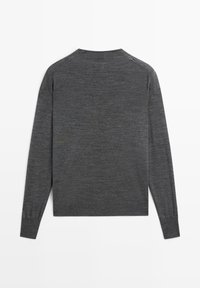 Long-sleeve sweater in dark gray wool with a crew neckline and ribbed cuffs, featuring a smooth texture and a sleek, minimalist design.