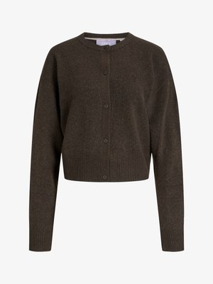 Cardigan court en tricot marron foncé avec manches longues, fermeture à boutons sur le devant, poignets et taille côtelés, doté d'un col rond.