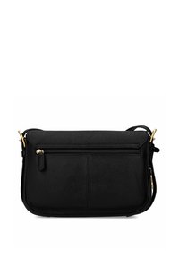 Bolso cruzado de cuero negro con un acabado texturizado, que cuenta con un bolsillo frontal con cremallera y acentos de hardware dorado. Correa ajustable para mayor versatilidad.
