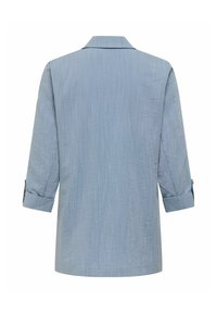 Světle modrý sako s dlouhými rukávy, límečkem a manžetami, zobrazené zezadu na bílém pozadí.