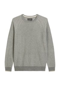Pull en tricot gris avec un col rond, texture côtelée et manches longues. Présente un accent couleur crème aux poignets et à l'ourlet.