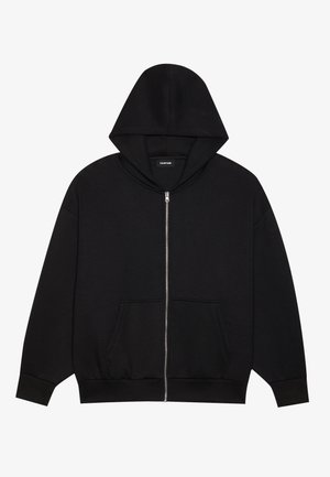 Juoda zip-up bliuzono su priekiu kišene, kapisonu ir riebiais rankogaliais. Pagamintas iš švelnios medžiagos su lygiu paviršiumi ir minimalistiniu dizainu.