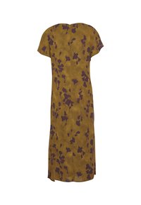 Blumengemustertes Midi-Kleid in Senfgelb mit lila Akzenten, kurze Ärmel, figurbetonter Oberteil und Reißverschlussverschluss hinten. Glatte Textur.