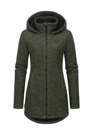 Green hooded jacket with a textured fabric, zip closure, and side pockets. Features a fitted design and longer back hem.