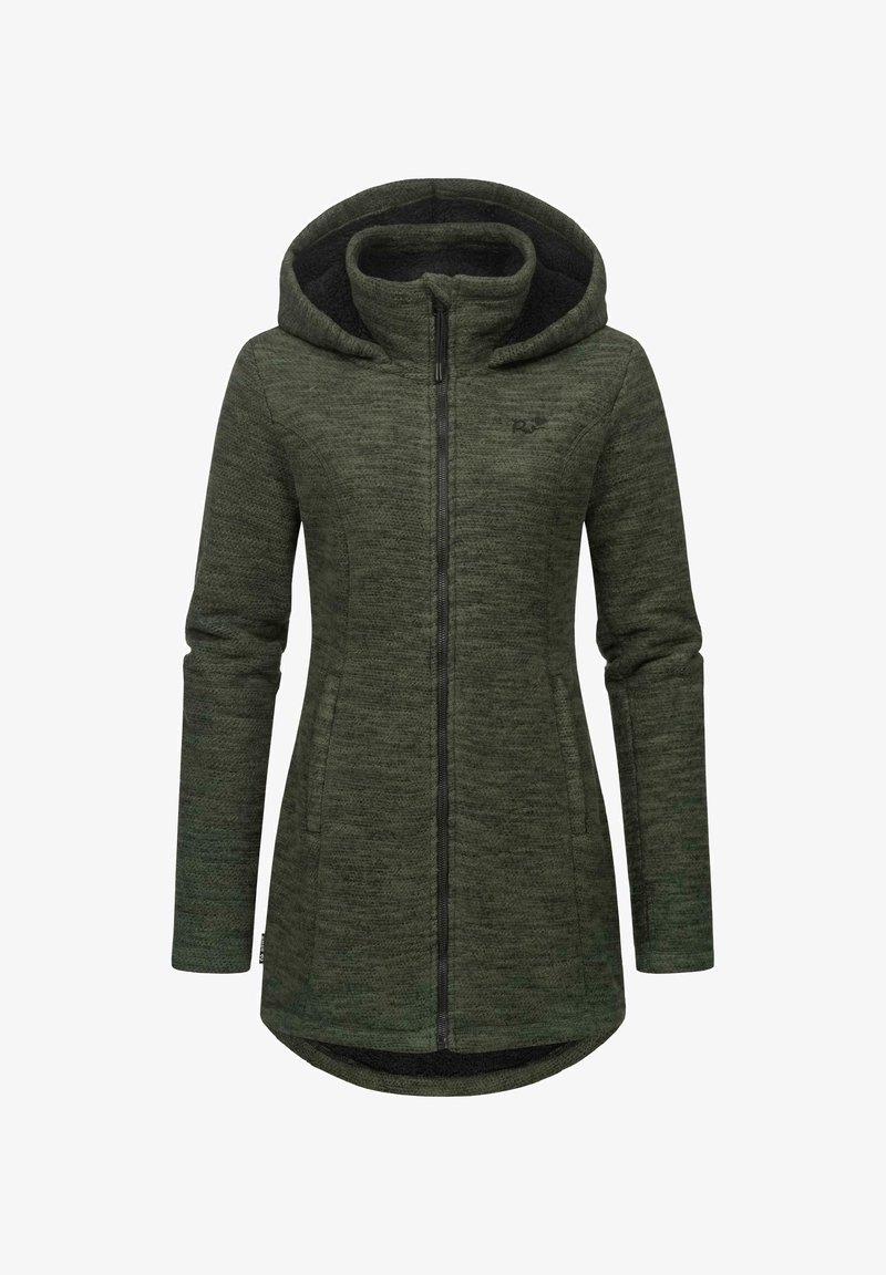 Green hooded jacket with a textured fabric, zip closure, and side pockets. Features a fitted design and longer back hem.