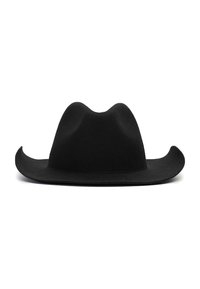 Schwarzer Filz-Cowboyhut mit breiter Krempe, spitzem Vorderteil und zwei Falten auf der Krone, mit glatter Textur und minimalistischem Design.