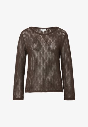 Brown, long-sleeve top made from a ribbed, textured knit fabric, featuring a boat neck and a relaxed fit.