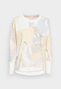Sudadera ligera de cuello redondo en blanco, con patrones abstractos en amarillo, rosa pálido y azul. Mangas largas con puños de canalé.