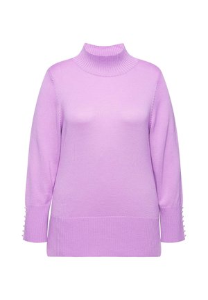 Maglione lilla con colletto alto, texture a coste e maniche lunghe con bottoni decorativi ai polsini. Tessuto morbido e leggero.