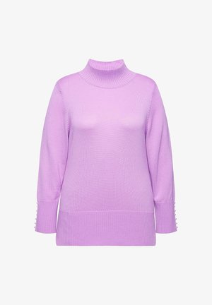 Maglione lilla con colletto alto, texture a coste e maniche lunghe con bottoni decorativi ai polsini. Tessuto morbido e leggero.