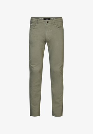 Pantalones ajustados en verde oliva, hechos de una suave tela de algodón, con cierre de cremallera, bolsillos frontales y una etiqueta con el logo en la cinturilla.