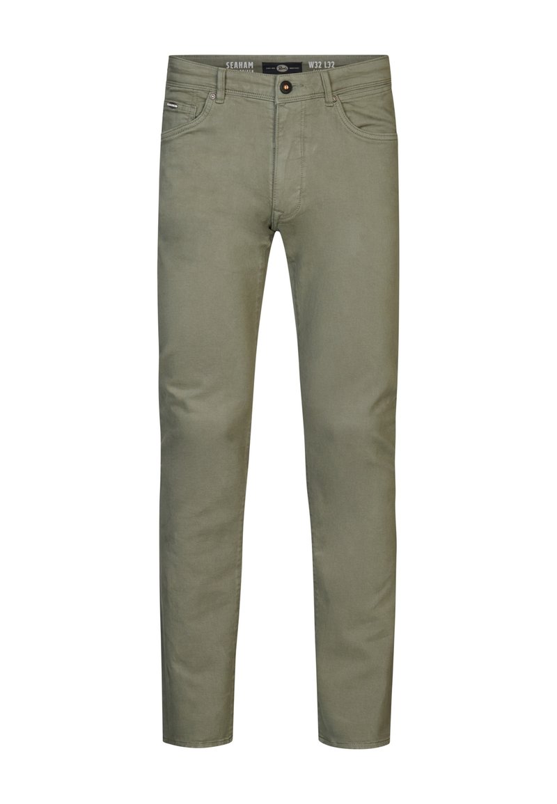 Pantalones ajustados en verde oliva, hechos de una suave tela de algodón, con cierre de cremallera, bolsillos frontales y una etiqueta con el logo en la cinturilla.