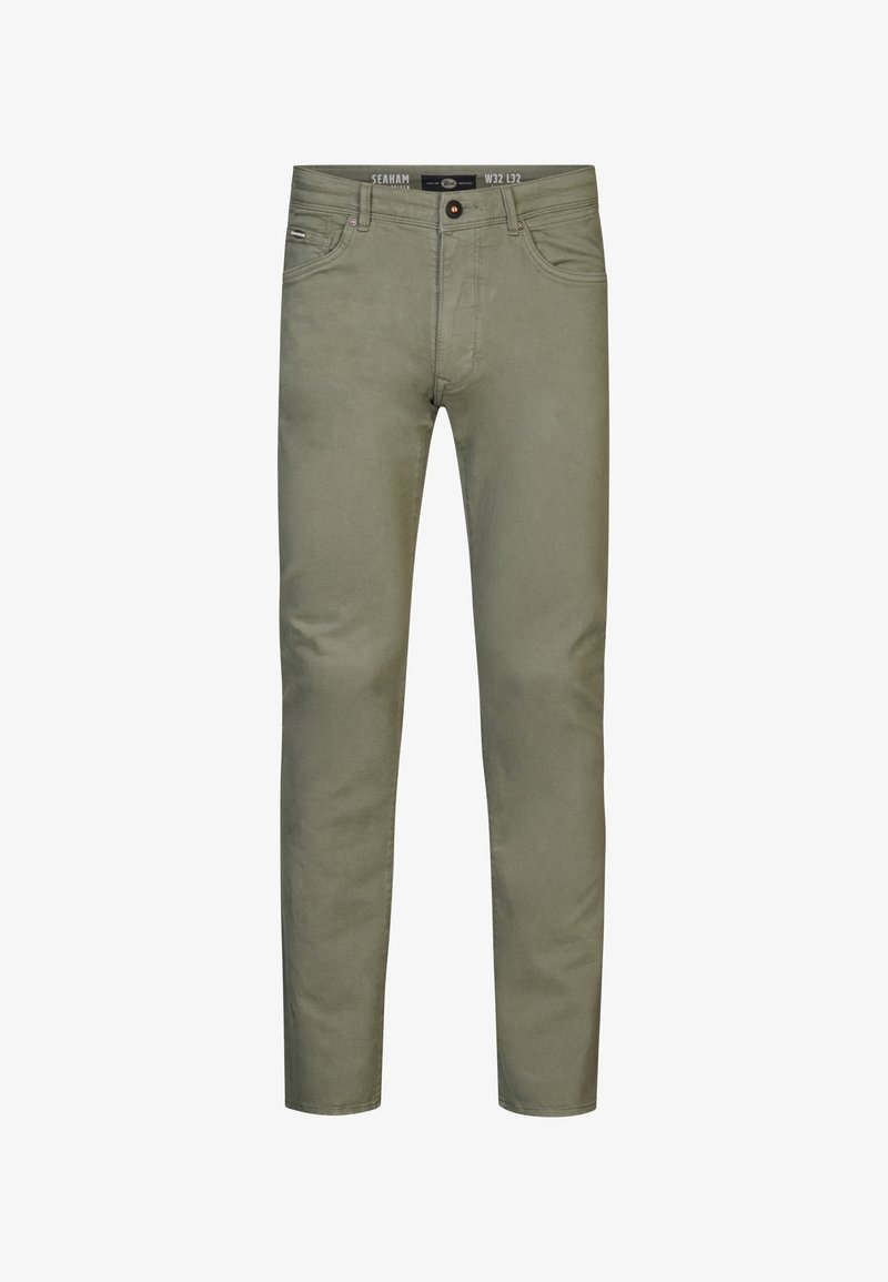 Pantalons ajustés vert olive en coton doux, dotés d'une fermeture éclair, de poches avant et d'un logo discret sur la ceinture.