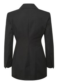 Blazer noir tailleur avec manches longues, taille cintrée et col cranté, vu de dos sur fond blanc.
