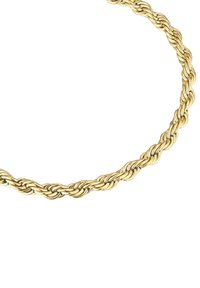 Zlatna ovita verižica z gladko, sijočo teksturo. Ima neprekinjen krog obliko, ki prikazuje zapletene detajle pletenja.