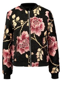 Černá bomber bunda s výraznou květinovou výšivkou v růžových a krémových tónech, s žebrovanými manžetami a předním zapínáním na zip.