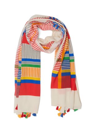 Langer cremefarbener Schal mit bunten geometrischen Streifen, Linien und Quasten in Rot, Blau, Gelb, Grün und Orange.