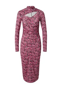 Langärmliges, figurbetontes Kleid in Schwarz mit rosa Blumenmustern, das einen hohen Ausschnitt und ein ausgeschnittenes Detail unter dem Kragen aufweist.