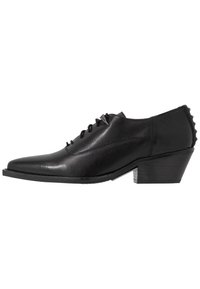 Chaussure en cuir noir à bout pointu, avec cinq œillets pour les lacets et un petit talon carré. Présente une texture lisse et un design minimaliste.
