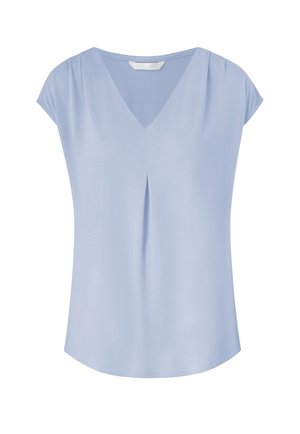 Lyseblå kortærmet bluse med V-hals og central forreste plissering, lavet af glat, let stof.