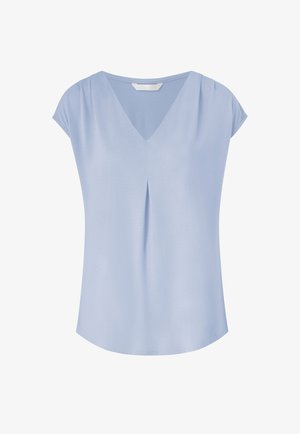 Lyseblå kortærmet bluse med V-hals og central forreste plissering, lavet af glat, let stof.