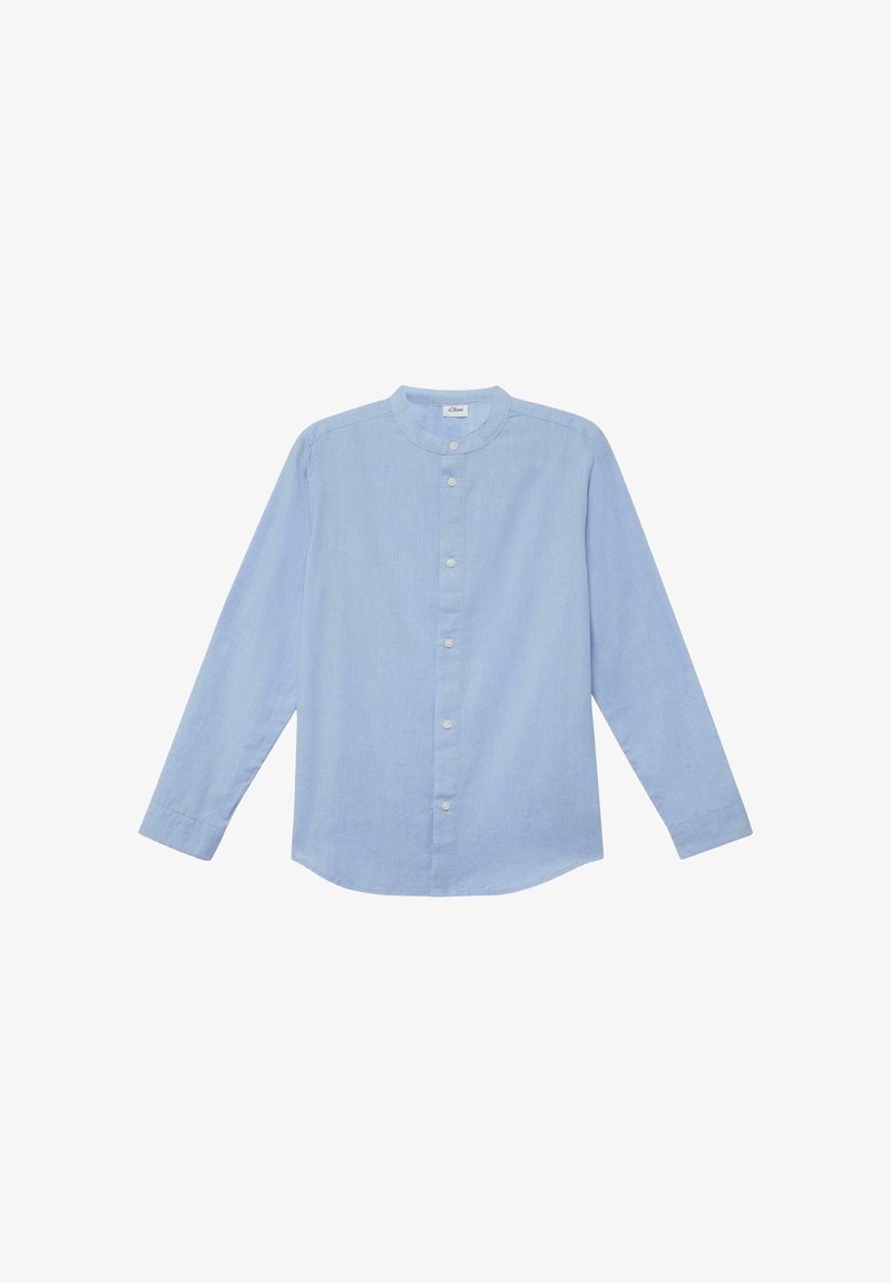 Chemise bleu clair à manches longues en tissu à texture lisse, avec un col officier et des boutons sur le devant.