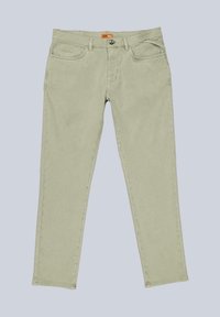 Beige straight-leg pants with five pockets, button and zipper closure, and belt loops, laid flat on a light gray background.