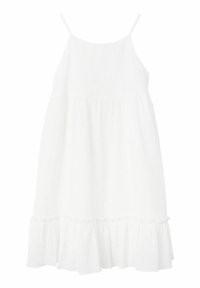Weißes ärmelloses Kleid mit verstellbaren Trägern, einem taillierten Oberteil und einem gerüschten Saum. Hergestellt aus leichtem Stoff mit einer strukturierten Oberfläche.