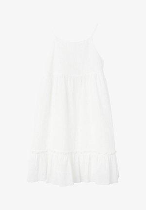 Balta be rankovių suknelė su reguliuojamomis petnešėlėmis, prisiūta liemenė ir raukšlėta apdaila. Pagaminta iš lengvos medžiagos su tekstūruotu paviršiumi.