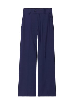 Pantalones de pierna ancha en tela de color azul marino oscuro con una textura suave. Presenta un cierre frontal con botón y bolsillos laterales. Diseño clásico y a medida.