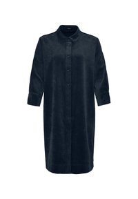 Robe-chemise bleu marine foncé à manches longues, avec col et fermeture boutonnée sur le devant, arrivant sous le genou, présentée sur fond blanc.
