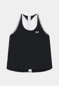Svart sporttopp i racerback-design, vit halsringning och axelband med "Under Armour"-logotyp. Slät tygtextur.