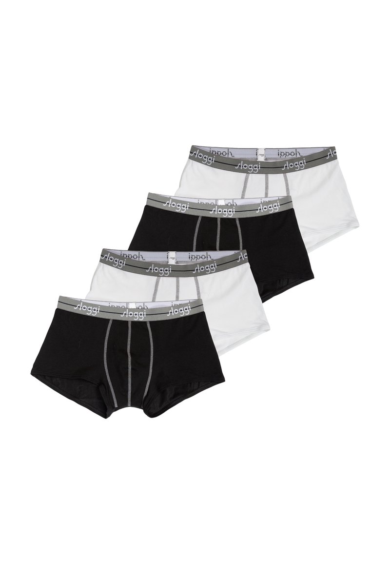 Boxer da uomo in cotone bianco e nero impilati, con cinturini elasticizzati grigi riportanti il marchio "sloggi".