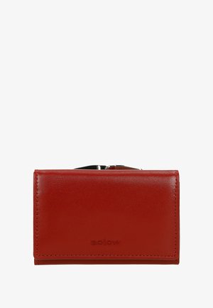Red leather wallet with a smooth texture, rectangular shape, and stitched detailing. Features a silver clasp and embossed logo.