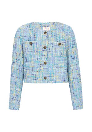 Chaqueta corta de tweed azul y amarilla con mangas largas y cinco botones decorativos marrones en forma de flor en la parte delantera.