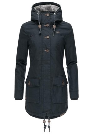 Dark blue, hooded jacket with a soft, textured lining, front buttons, two large pockets, and adjustable drawstrings at the waist and hem.