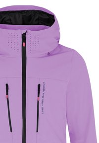Helle lila wasserdichte Jacke mit schwarzen Akzenten, mit Reißverschlusstaschen, verstellbare Kapuze und Belüftungsöffnungen am Kragen.