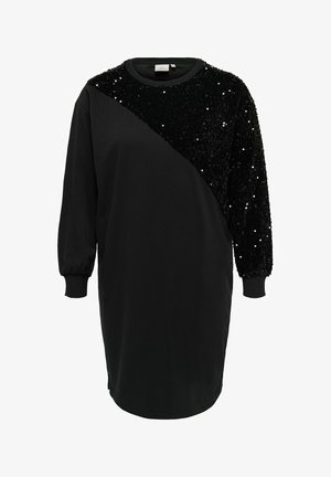 Črna obleka z diagonalnim dizajnom in z bleščicami na rami. Dolgi rokavi z elastičnimi manšeti in okroglo ovratnikom. Gladka tekstura.