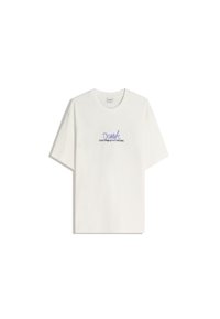 White cotton t-shirt with short sleeves, featuring a purple graphic text design on the front reading "Draft: Quiet wings grow in the dark."
