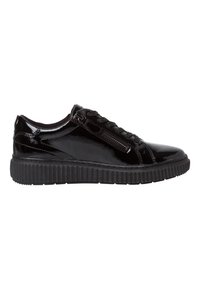 Czarne lakierowane sneakersy z okrągłym noskiem, sznurowanym przodem i zamkiem błyskawicznym z boku. Posiadają teksturowaną, przygotowaną podeszwę.