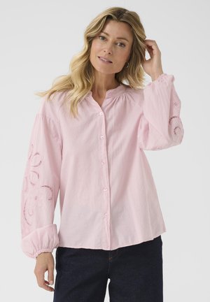 Pink button-up shirt made of soft fabric, featuring puffy long sleeves with embroidered floral patterns and a stand-up collar.