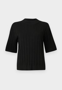 Zwarte korte mouwen sweater met geribbelde structuur en een hoge halslijn, met verticale lijnen en een aansluitende pasvorm.