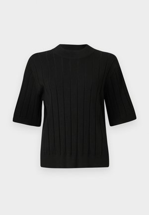 Black short-sleeve sweater with ribbed texture and a high neckline, featuring vertical lines and a fitted silhouette.